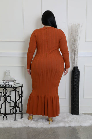 Rust ribbed knit maxi dress with long sleeves and zipper closure, model wearing 2X