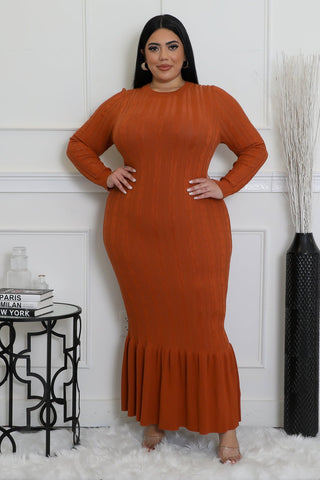 Rust ribbed knit maxi dress with long sleeves and zipper closure, model wearing 2X
