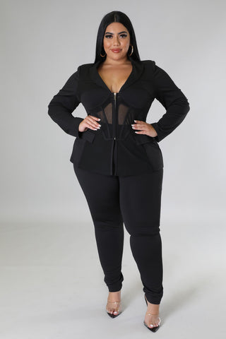 Plus size sheer detail two-piece pant set with collared top and high-waisted pants in stretch fabric – Tulley’s Boutique