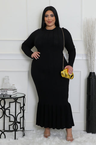 Model wearing essential sculpt knit Black maxi dress front view