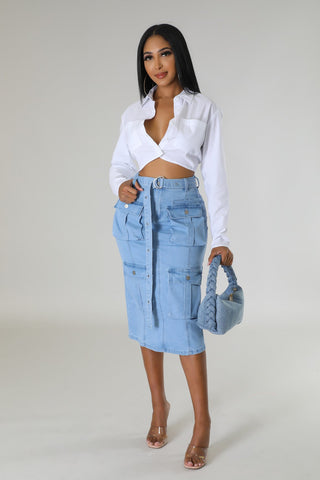 High-waisted light wash denim cargo skirt with utility pockets