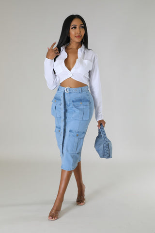 High-waisted light wash denim cargo skirt with utility pockets