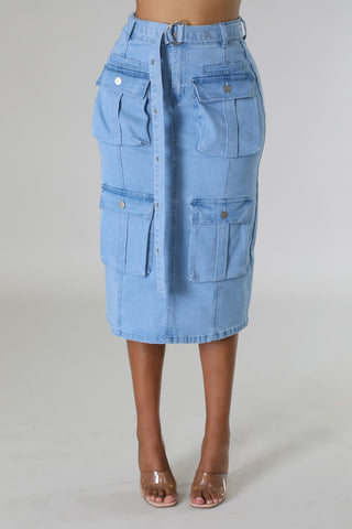 High-waisted light wash denim cargo skirt with utility pockets