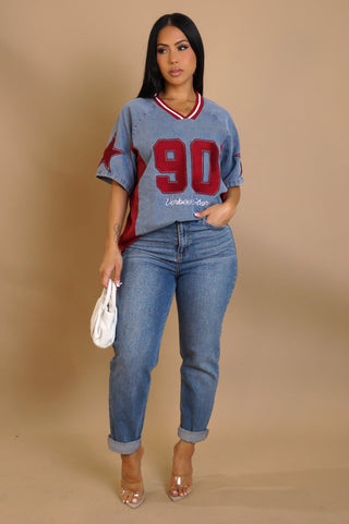 Red Vintage-Inspired Jersey Top