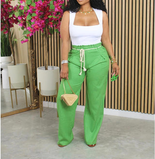 Green Linen Wide Leg Pants