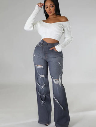 Grey Distressed Wide Leg Stretch Jeans for Women