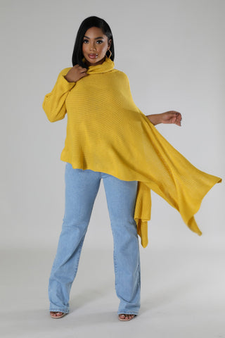 Draped Turtleneck Knit Cardigan with Asymmetrical Slit