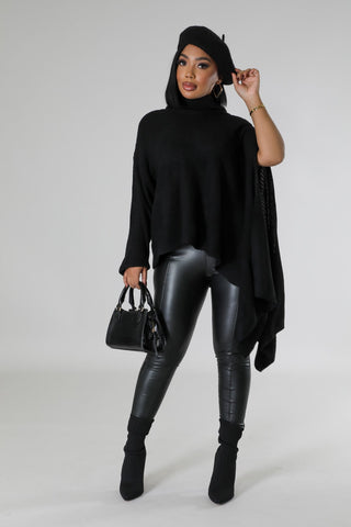 Draped Turtleneck Knit Cardigan with Asymmetrical Slit