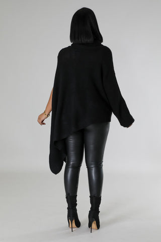 Draped Turtleneck Knit Cardigan with Asymmetrical Slit