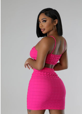 back view pink stretch two piece skirt set high waisted skirt