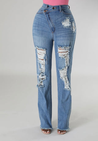 Women’s high waist distressed straight leg jeans in light blue denim wash