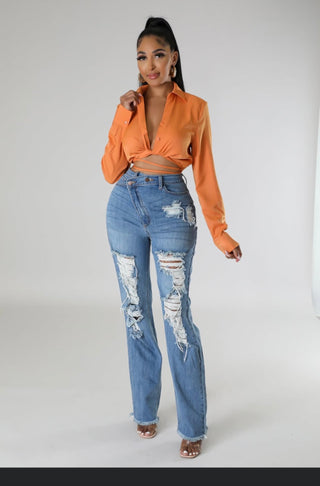 Stretch straight leg jeans with frayed hem and distressed details