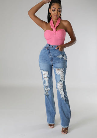 Front view of ripped straight leg boutique jeans for women