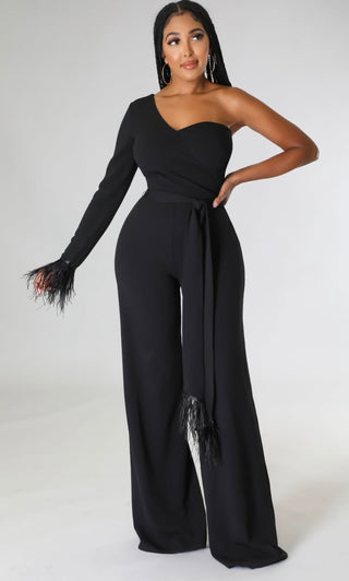 The One Shoulder Feather Trim Jumpsuit