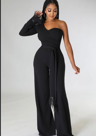 The One Shoulder Feather Trim Jumpsuit