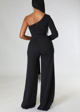 The One Shoulder Feather Trim Jumpsuit