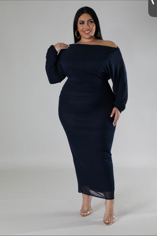 Navy Blue Long Sleeve Stretch Maxi Dress