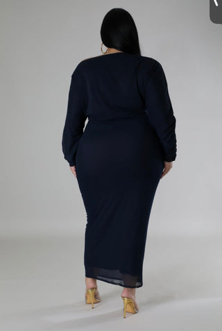 Navy Blue Long Sleeve Stretch Maxi Dress