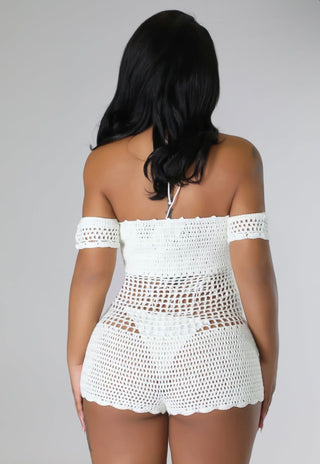 White Crochet Lace-Up Off Shoulder Romper, alternate view 4