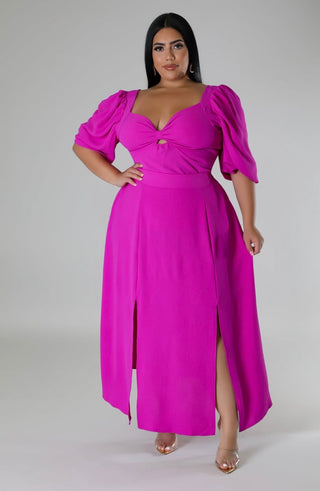 Fuchsia Puff Sleeve Smocked Back Midi Skirt Set from Tulley's Boutique