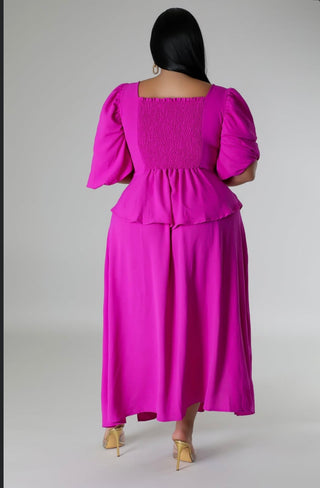 Fuchsia Puff Sleeve Smocked Back Midi Skirt Set – alternate view 2