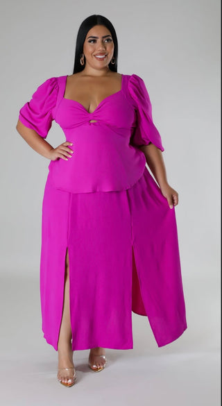 Fuchsia Puff Sleeve Smocked Back Midi Skirt Set – alternate view 6
