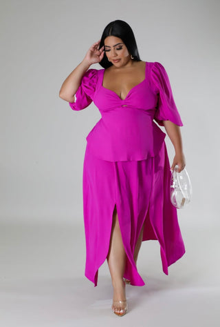Fuchsia Puff Sleeve Smocked Back Midi Skirt Set – alternate view 7