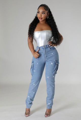 Rhinestone High-Waist Denim Jeans