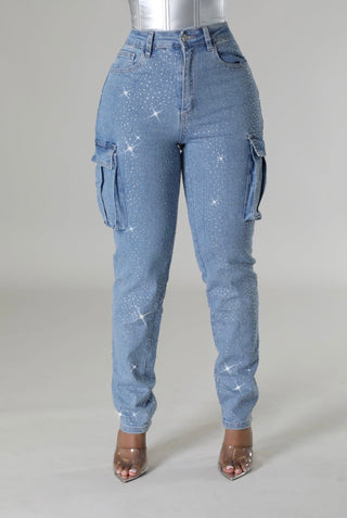 Rhinestone High-Waist Denim Jeans