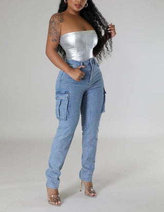 Rhinestone High-Waist Denim Jeans