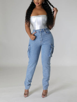 Rhinestone High-Waist Denim Jeans