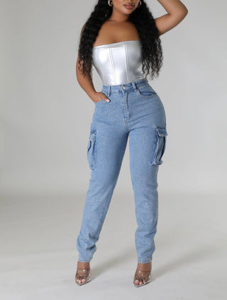 Rhinestone High-Waist Denim Jeans