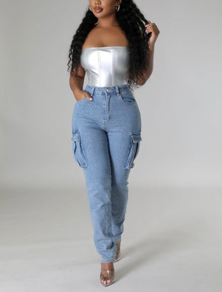 Rhinestone High-Waist Denim Jeans