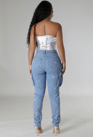 Rhinestone High-Waist Denim Jeans