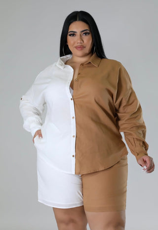 plus size tan and white colorblock short set front view button down shirt