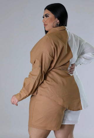 back view neutral colorblock two piece short set oversized fit