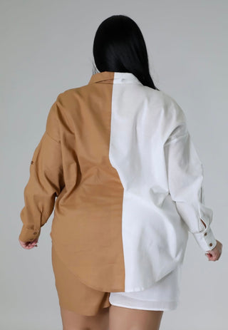 back view neutral colorblock two piece short set oversized fit