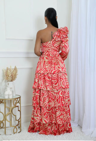 back view red gold tiered maxi dress with ruffle shoulder detail