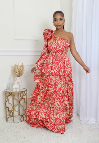 red printed maxi dress with gold pattern vacation and event outfit
