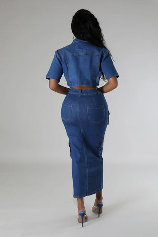 Blue denim skirt back view with cargo pockets