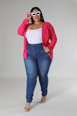 Model wearinga pink power poise stretch blazer jacket