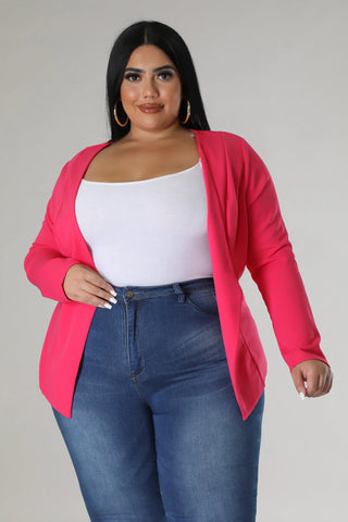 Model wearinga pink power poise stretch blazer jacket