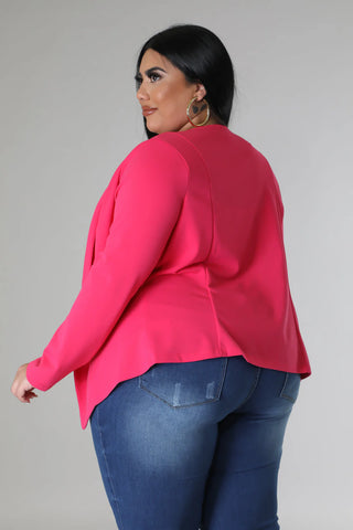 Model wearinga pink power poise stretch blazer jacket