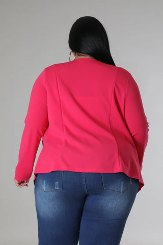 Model wearinga pink power poise stretch blazer jacket