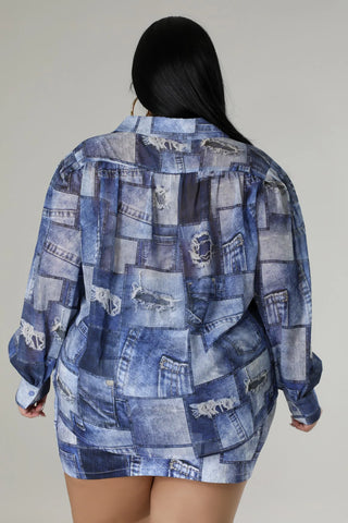 Patchwork Denim Print Skirt Set