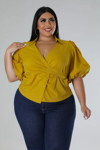 Mustard Puff Sleeve Tie-Waist Button-Up Blouse