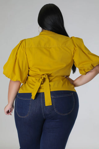 Mustard Puff Sleeve Tie-Waist Button-Up Blouse