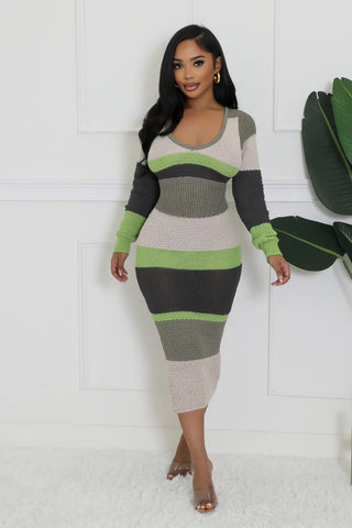 Cozy Colorblock Crochet V - Neck Midi Dress - Tulleys Boutique