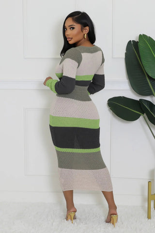 Cozy Colorblock Crochet V - Neck Midi Dress - Tulleys Boutique