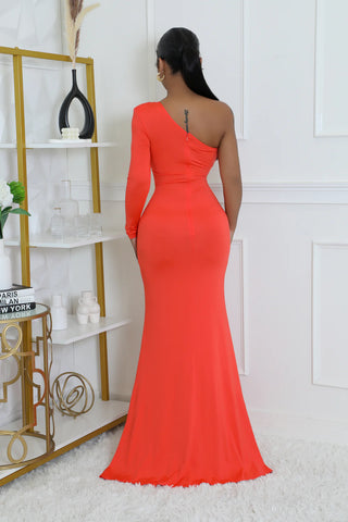 Model wearing coral one-shoulder cutout maxi dress front view